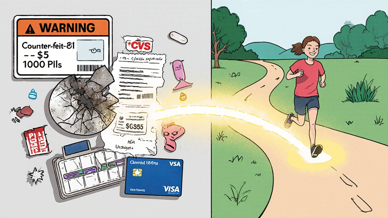 Side-by-side: dangerous counterfeit pills vs. safe, affordable generic fexofenadine with discount receipt