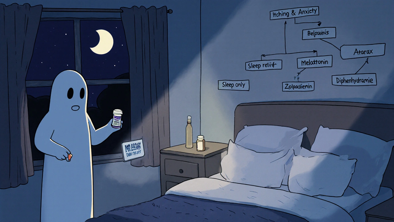 A patient in a bedroom holds Atarax and melatonin, with a decision tree on the wall and a no‑alcohol sign.