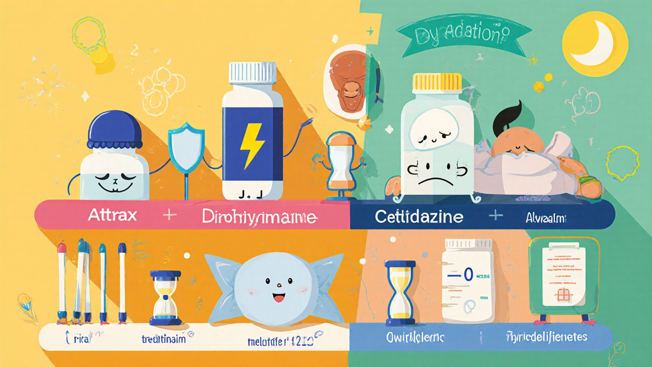 A playful shelf shows cartoon bottles for Atarax, Benadryl, Zyrtec, Xanax, melatonin, and Ambien with icons for dose and side effects.