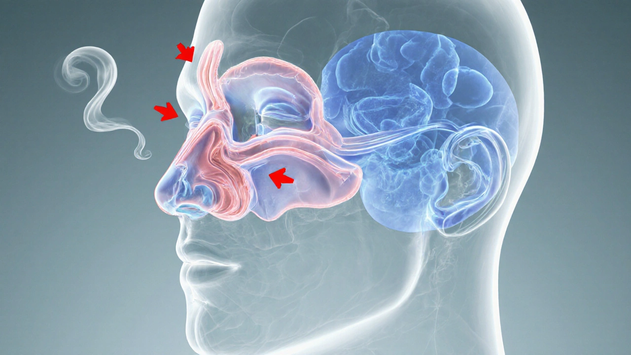 Anatomical illustration of a head highlighting sinuses in blue and pain zones on forehead and cheeks with red arrows.