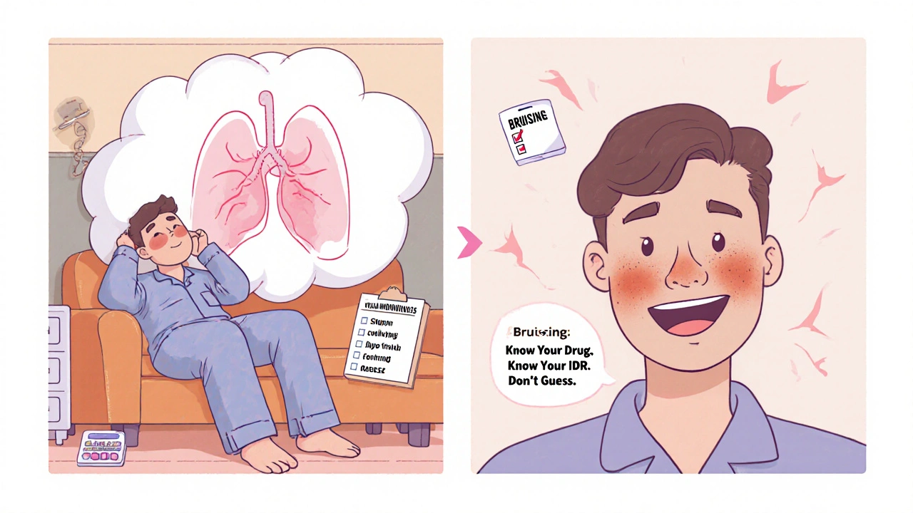 Before-and-after scene showing clot risk from stopping medication versus safe cosmetic treatment with proper management.