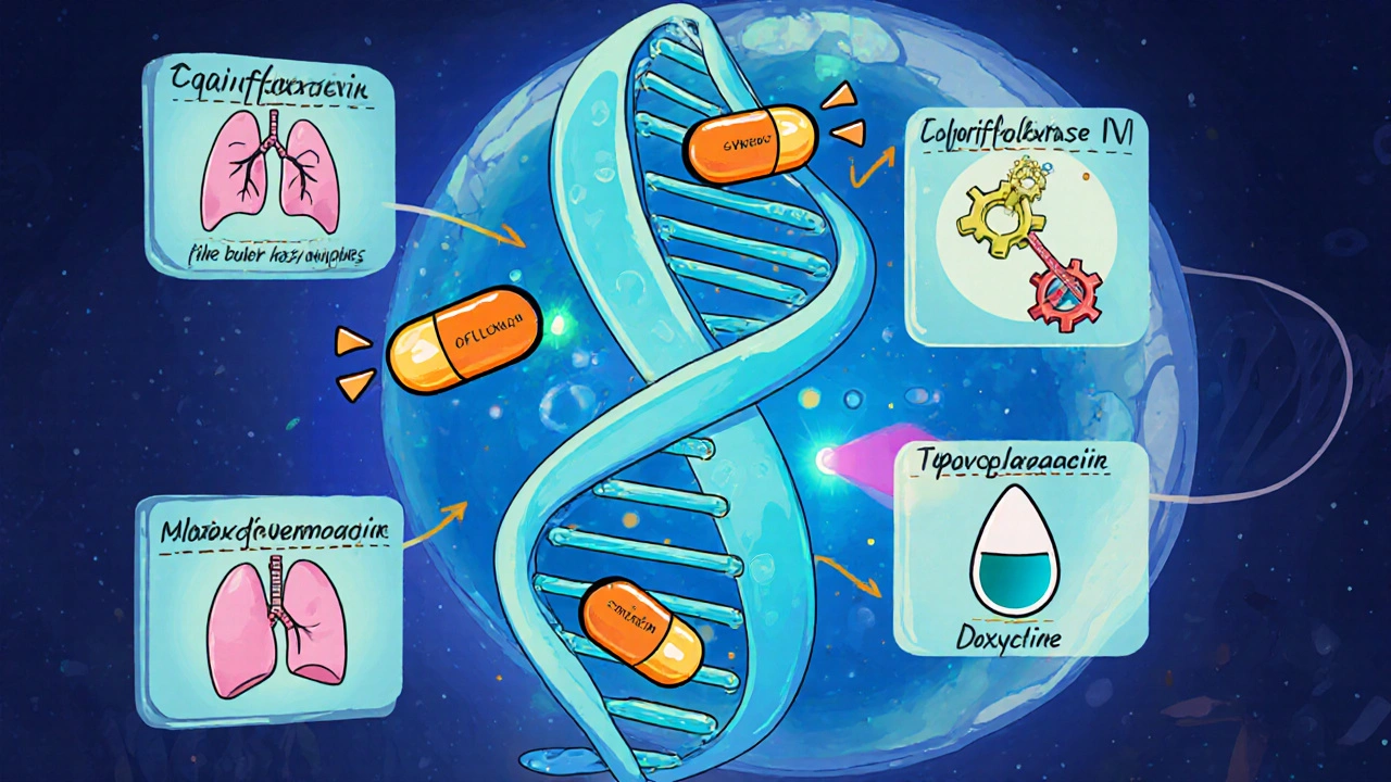 Cartoon bacterial cell showing Ofloxacin blocking DNA‑gyrase and topoisomerase enzymes, with other antibiotics nearby.