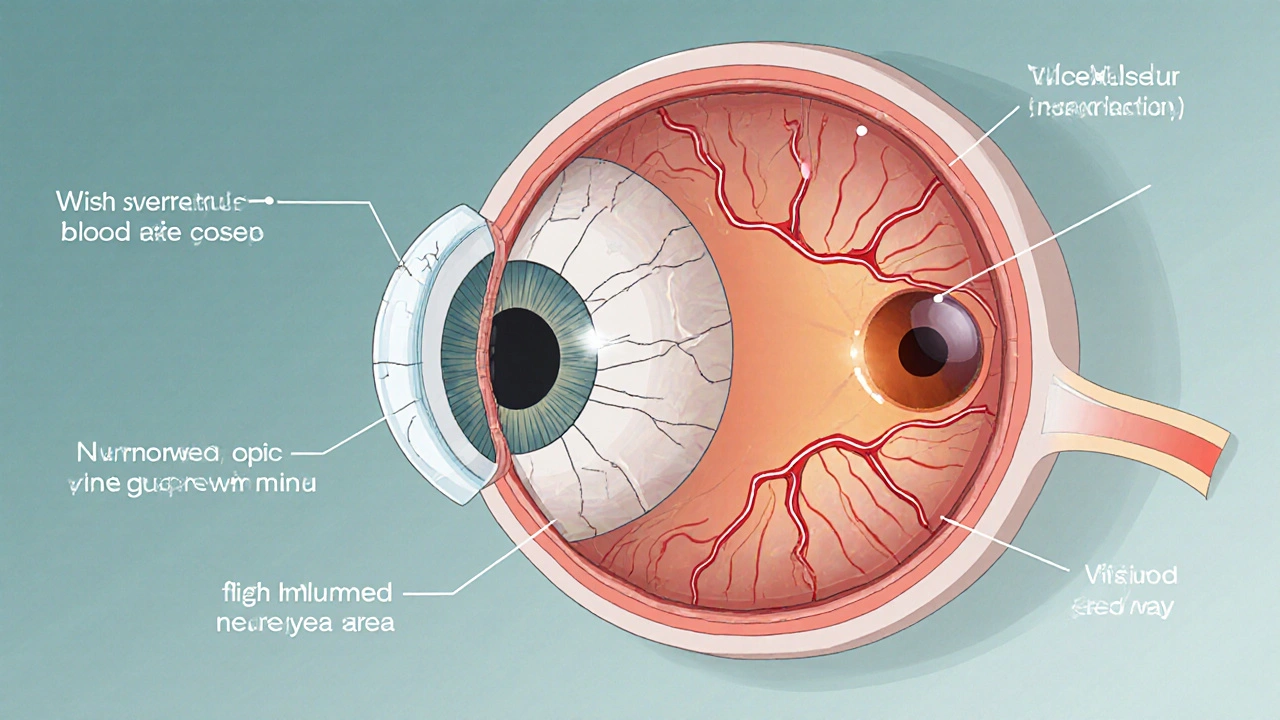 Cartoon cross‑section of an eye illustrating dry tear film, thin vessels, optic nerve, and inflammation.
