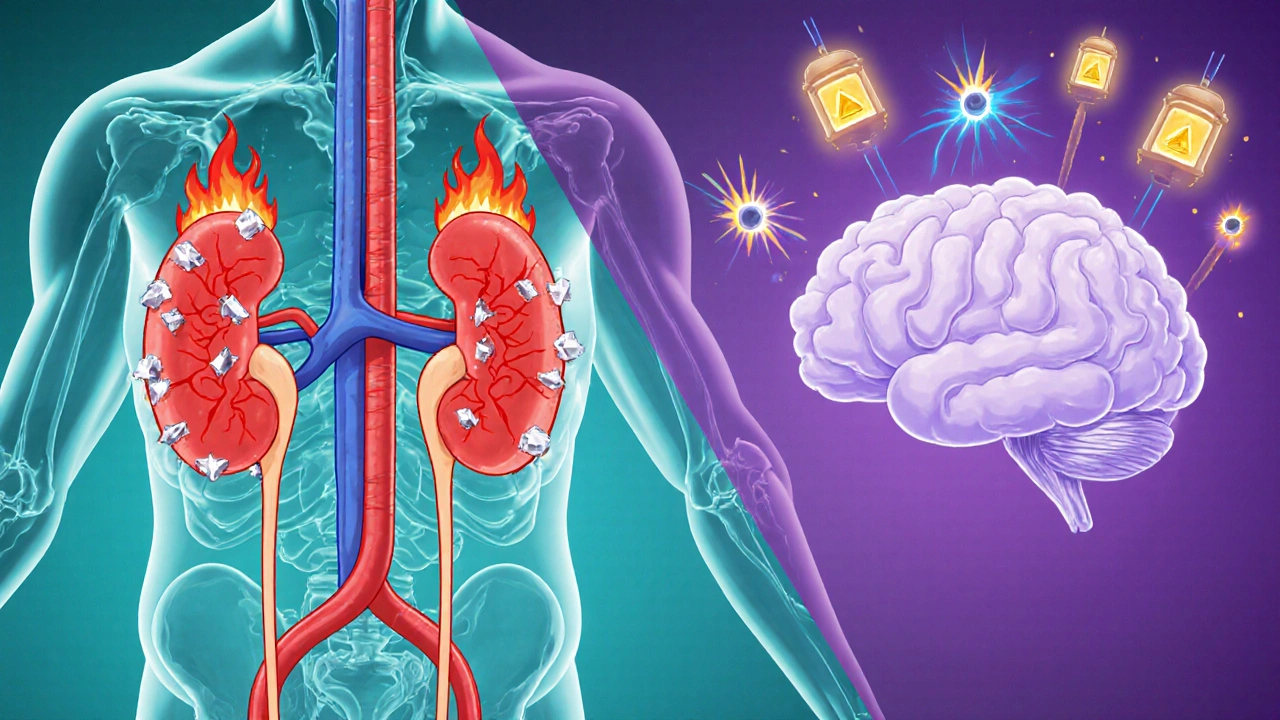 Cartoon kidneys clogged with crystals and a brain with electric sparks showing toxicity.