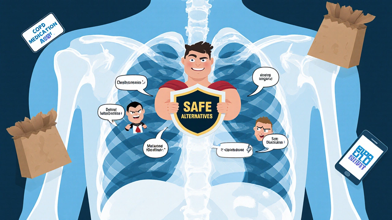 Chest diagram with villains blocking airways, heroes defending safe alternatives, and a medication app icon.