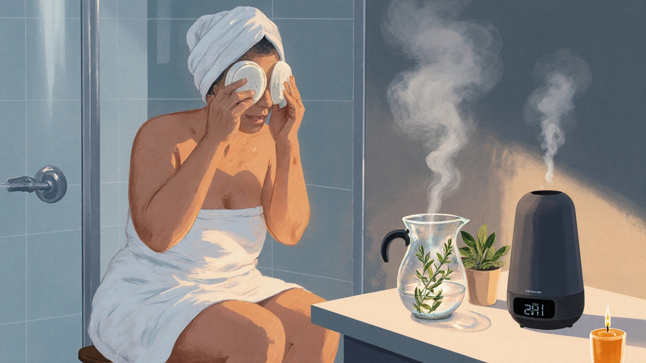 Cozy bathroom scene with a person using a warm compress, neti pot, and humidifier for sinus relief.