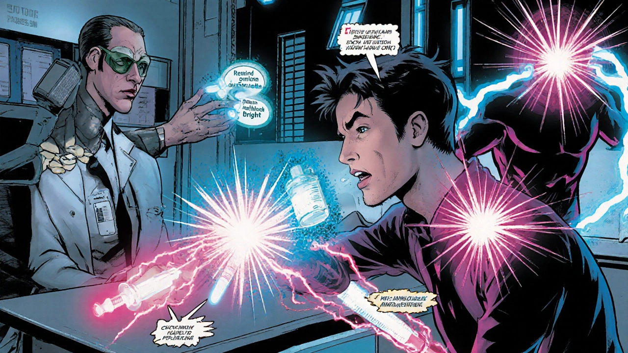 Dermatologist hero provides glowing medication power‑ups while lasers target nodules.