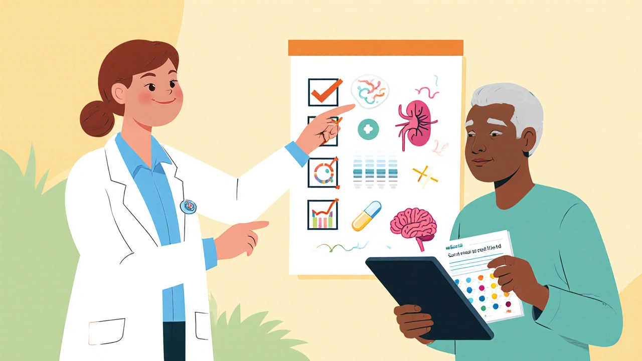 Doctor pointing to a checklist mural with icons while patient watches attentively.