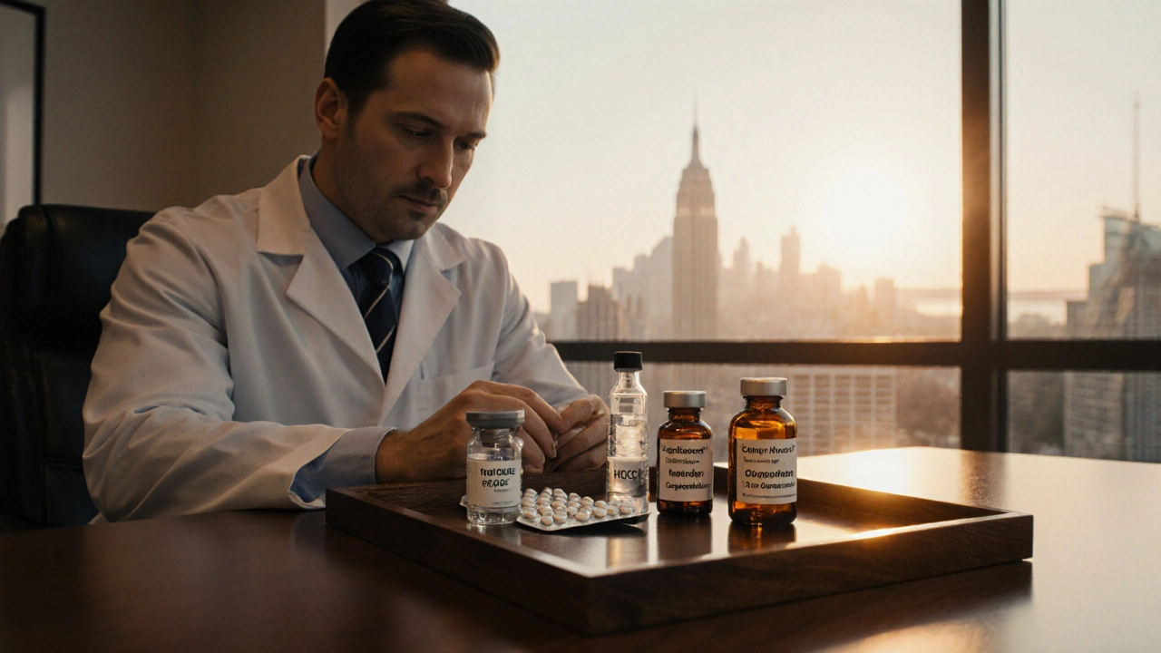 Doctor reviewing various hormone vials and capsules on a tray in a bright office.