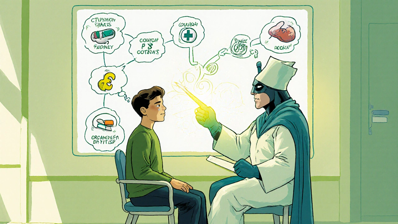 Doctor superhero guides patient through a medication decision flowchart.