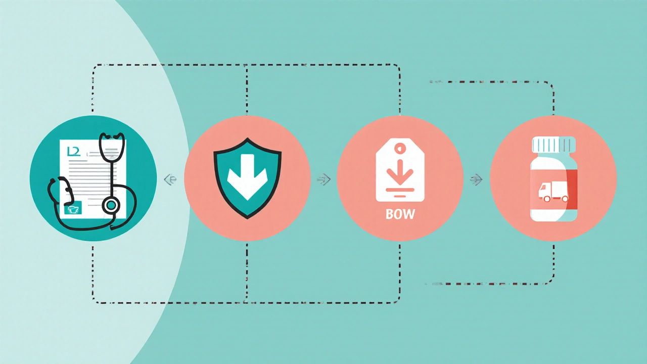 Flat illustration of icons showing prescription, pharmacy safety, price, delivery, and pills.