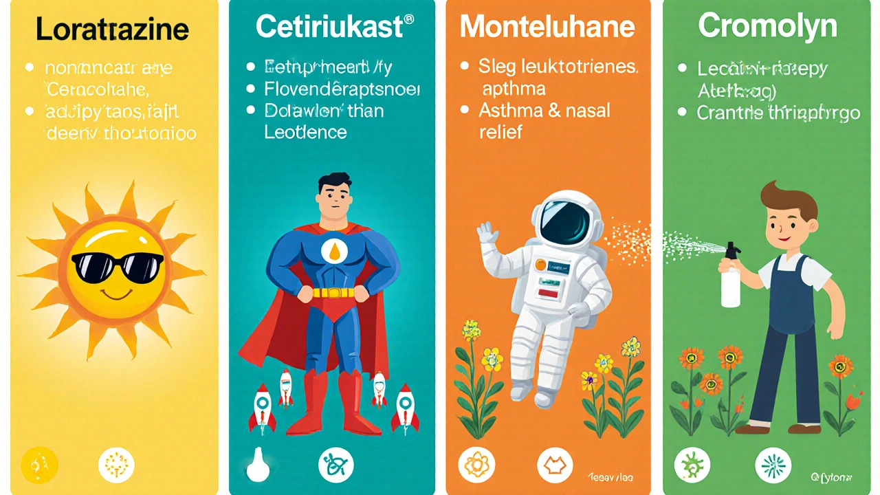 Four cartoon characters depict loratadine, cetirizine, montelukast, and cromolyn sodium.
