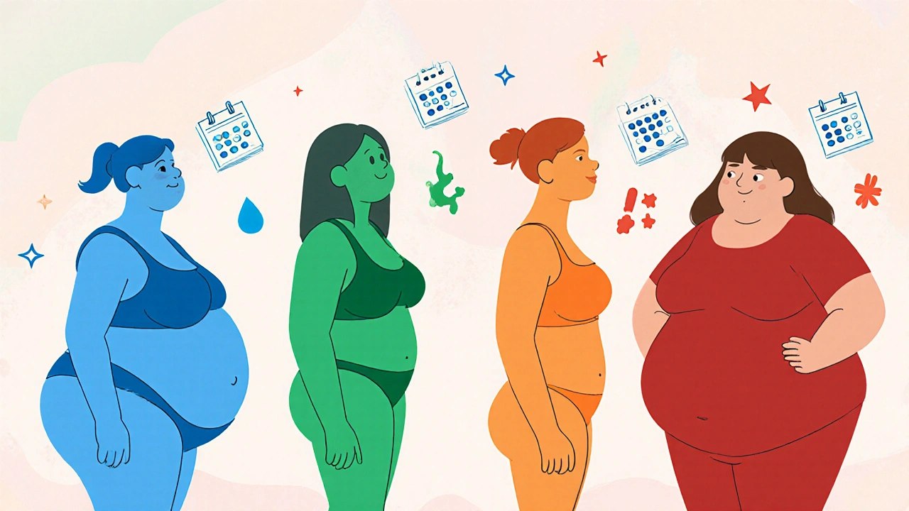Four female figures in different sizes with hormone icons illustrating BMI ranges and ovulation.