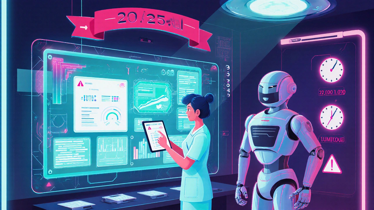 Futuristic hospital dashboard showing real‑time warning alerts, tablet notification, and Sentinel robot.
