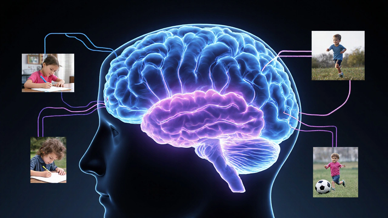 Illustrated brain with highlighted basal ganglia, cerebellum, and dopamine pathways surrounding motor activities.