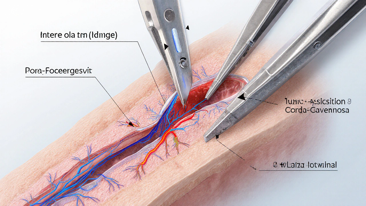 Illustrated cross‑section of penile layers with microsurgical instruments highlighting delicate dissection.