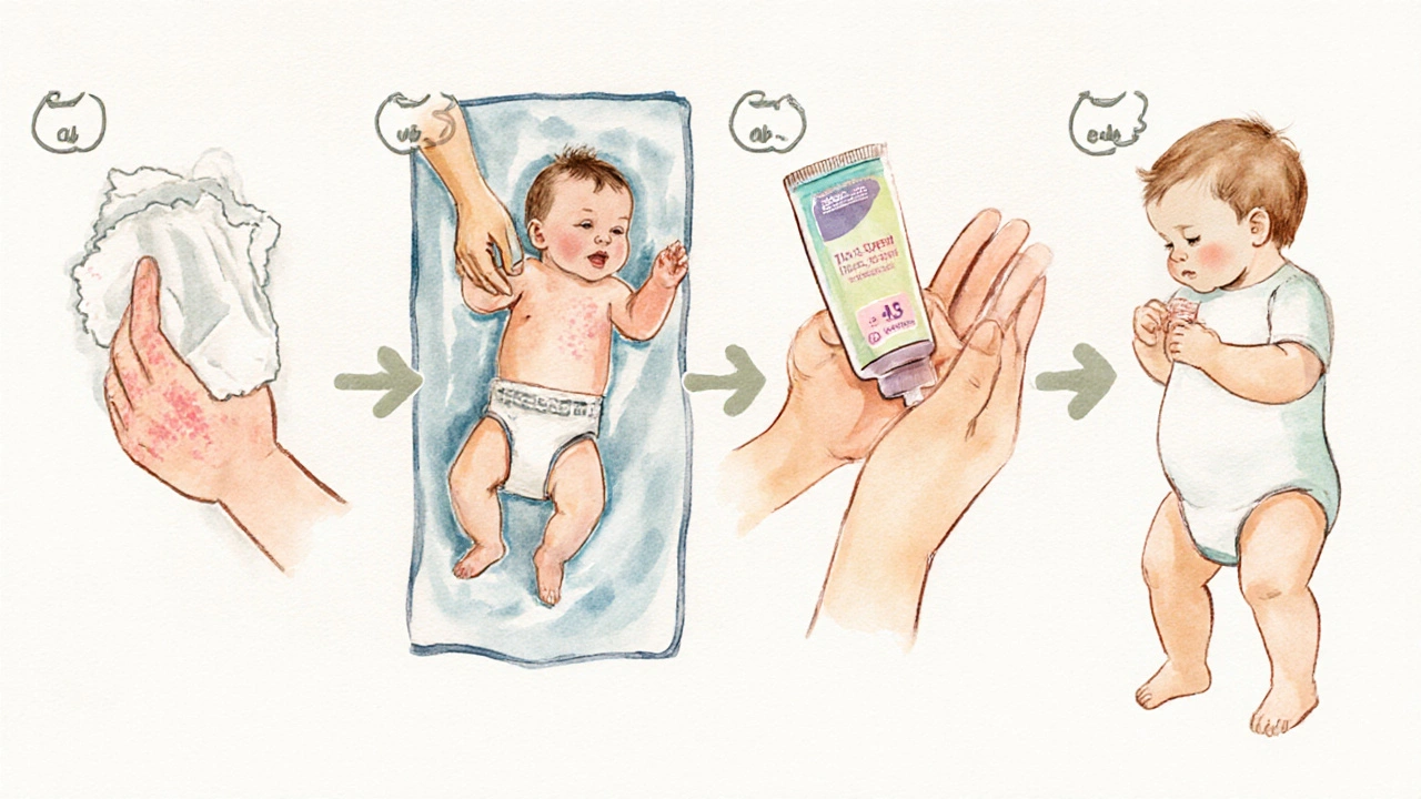 Illustrated steps: cleaning, air time, barrier cream, breathable diaper, cotton onesie.