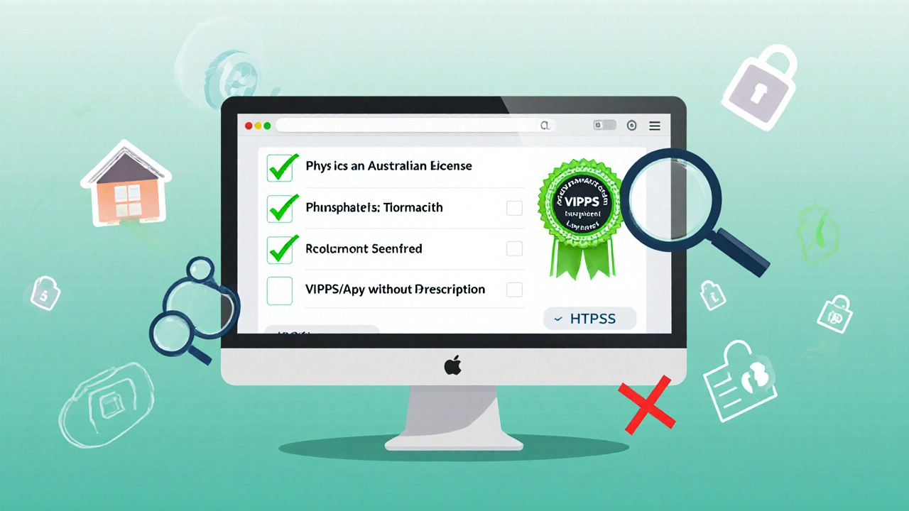 Illustration of a pharmacy website checklist with verified seals and checkmarks.
