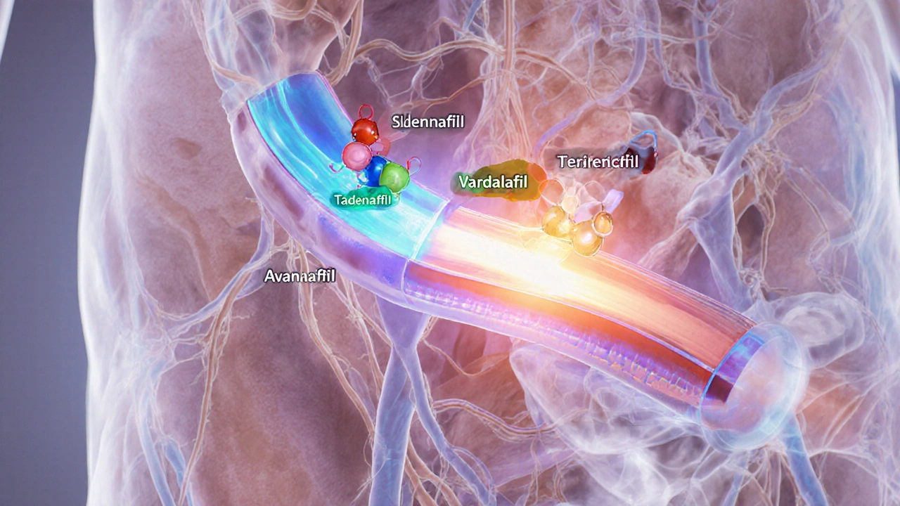 Illustration of blood vessels dilating with glowing flow and colored drug molecules.