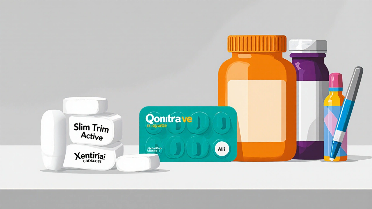 Illustration of various weight‑loss drugs: pills, capsules, and an injection pen on a countertop.