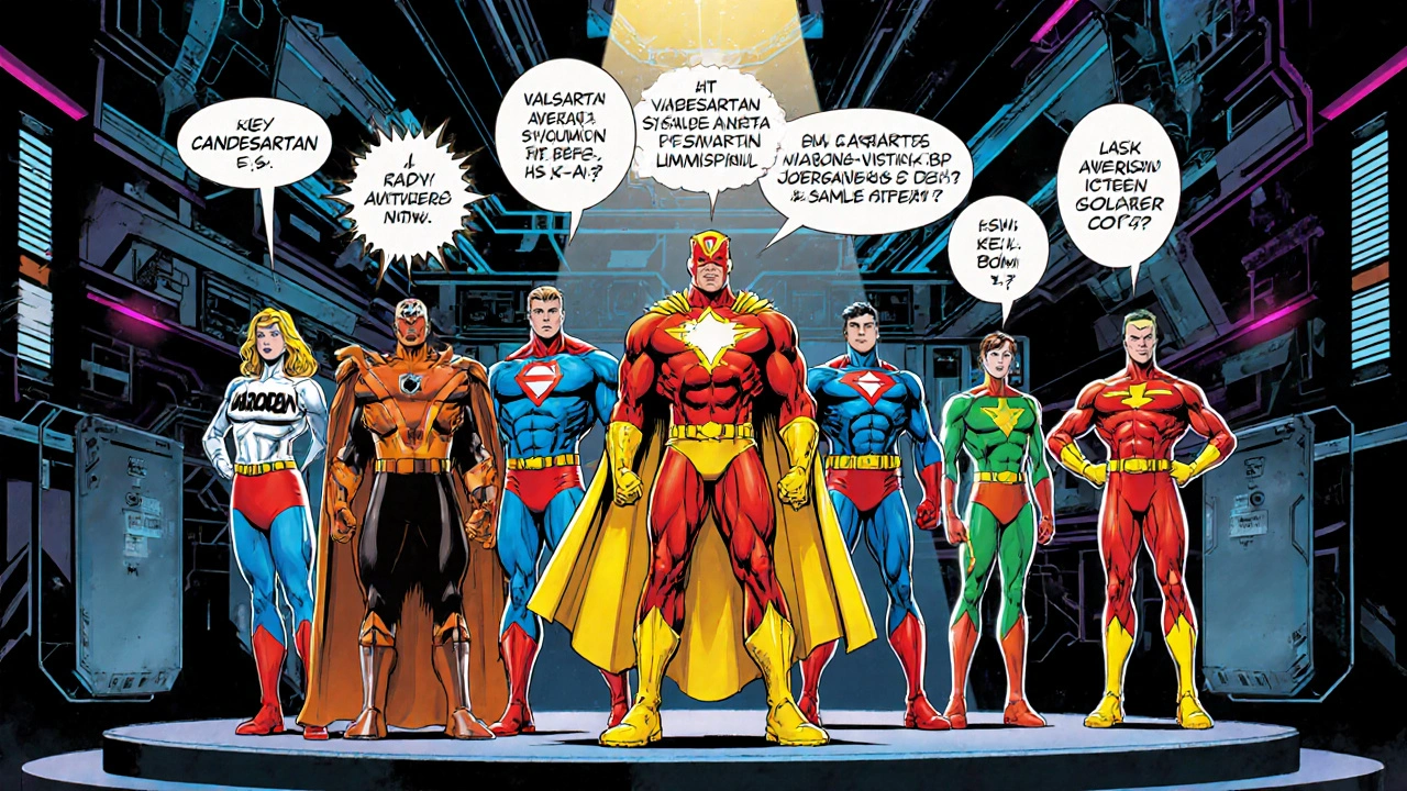 Lineup of drug heroes showing their BP drop numbers and side‑effects.