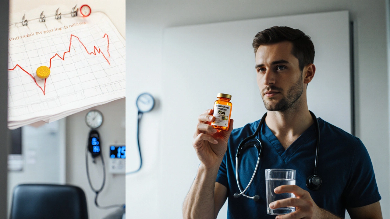 Man holding Viagra Gold bottle in bathroom with subtle doctor and clock background.