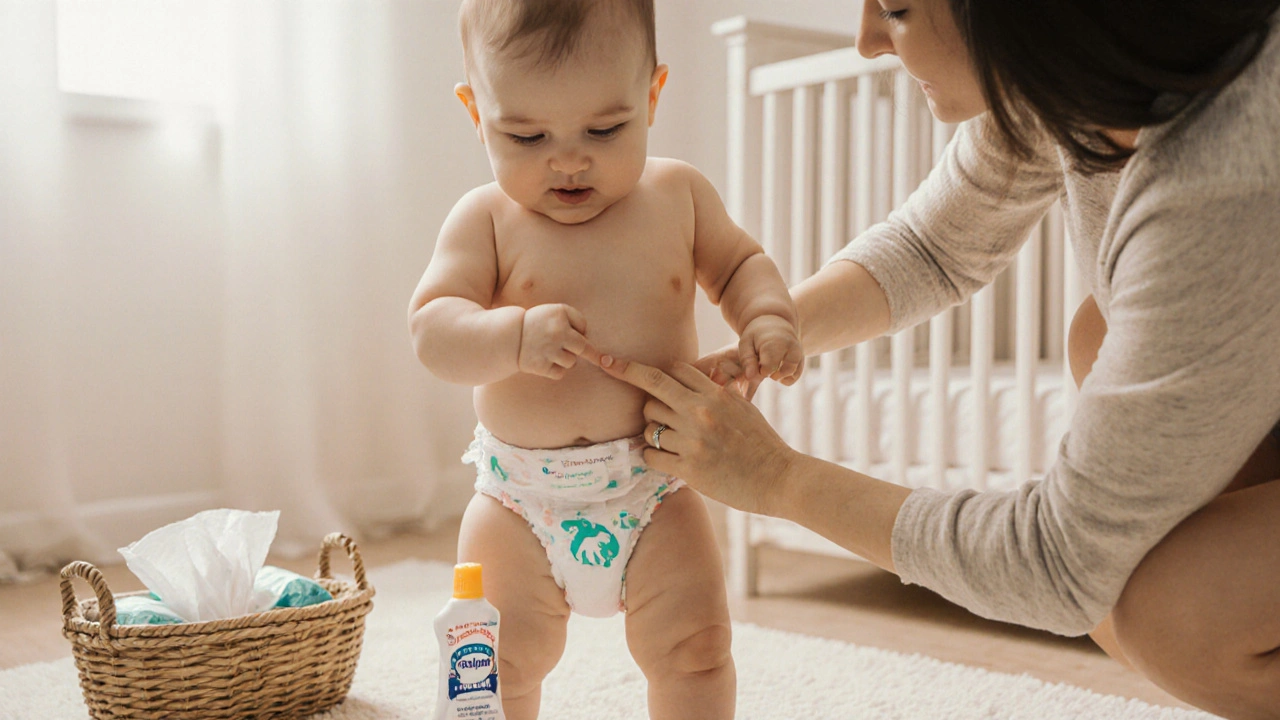 Mother checking diaper fit and changing baby to a breathable diaper, smiling.