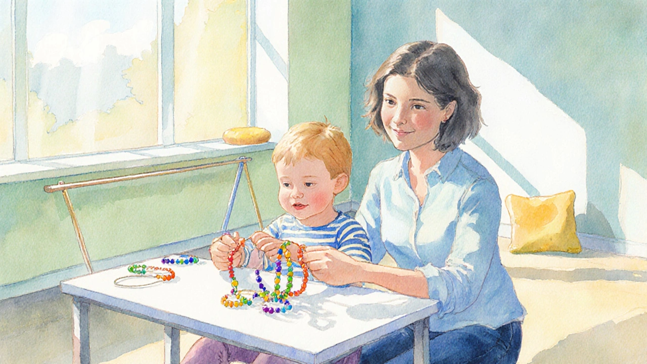 Occupational therapist helping a child with beadâstringing and balance exercises.