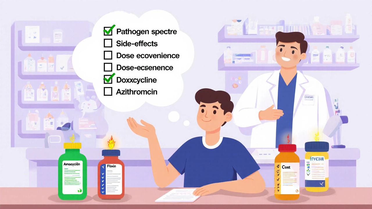 Patient with thought‑bubble checklist choosing among antibiotic bottles, pharmacist offering guidance.
