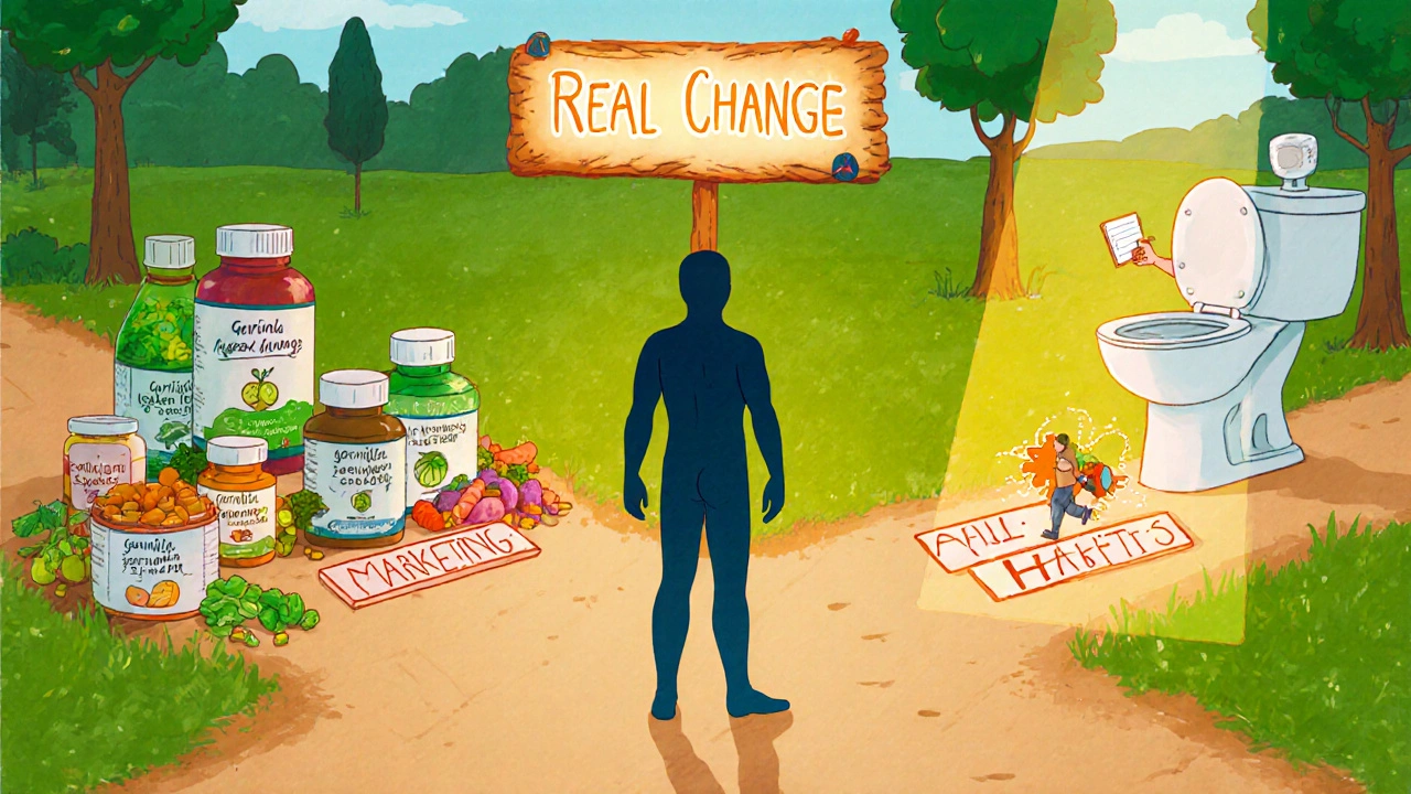 Person at crossroads choosing between supplements, Alli side effects, or healthy habits on a sunlit path.