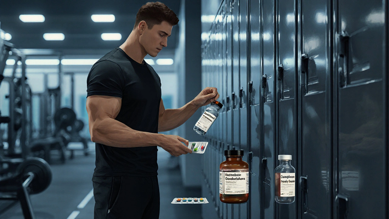Person in a gym locker examining different testosterone supplement containers.