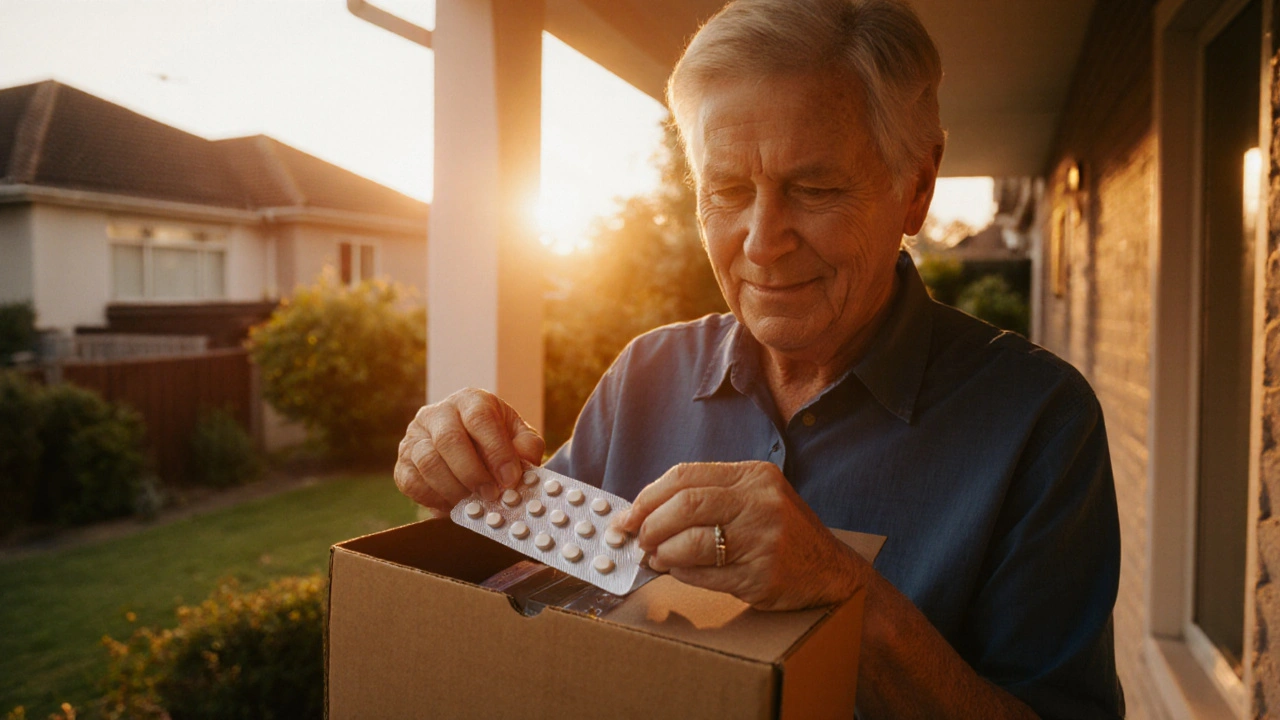 Person opening a parcel on porch, revealing a sealed bottle of tablets, looking relieved.