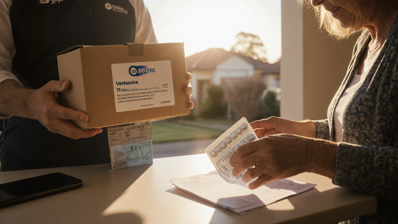Person receiving and opening a parcel of generic Effexor tablets at home.