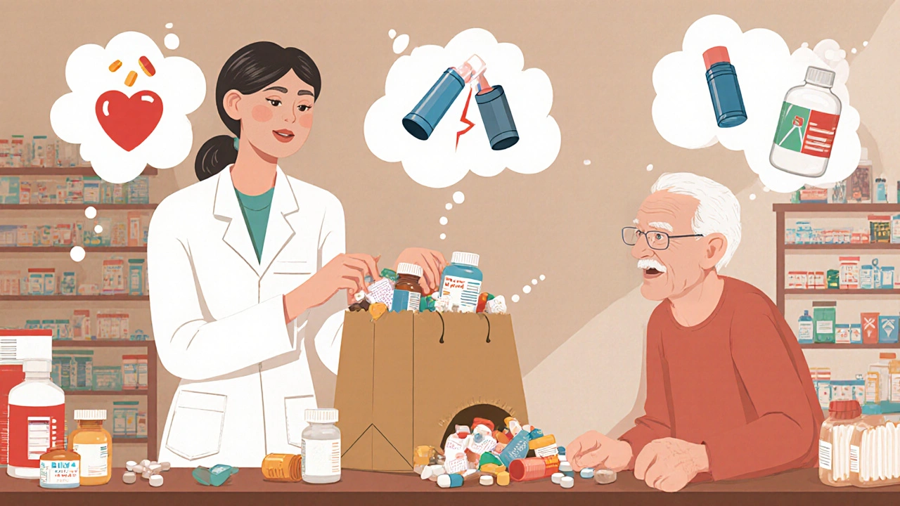 Pharmacist helping patient empty brown bag of meds onto counter, with interaction thought bubbles above.