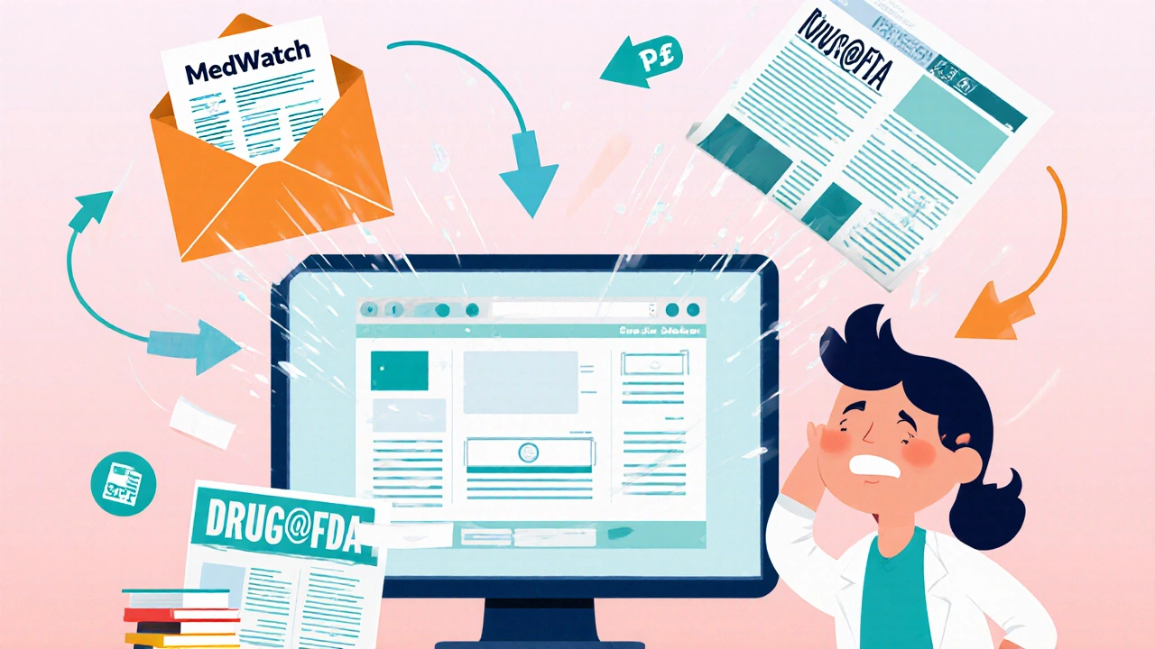 Pharmacist watching MedWatch envelope, PDF stack, and newsletter merge into a single SrLC portal.