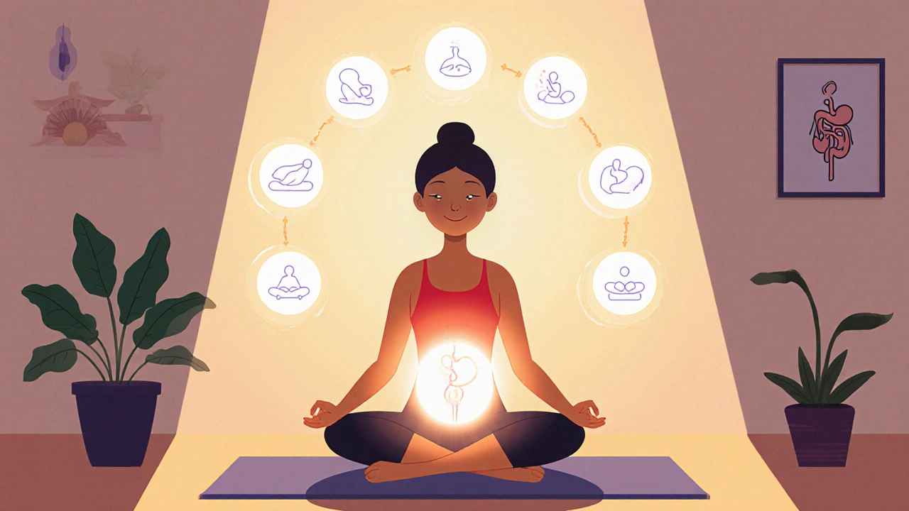 Relaxed figure meditating with a glowing belly, showing yoga-to-meditation transition.