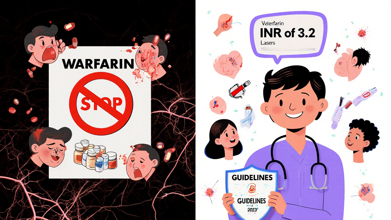 Split illustration contrasting dangerous old advice to stop blood thinners with modern safe guidelines for cosmetic procedures.