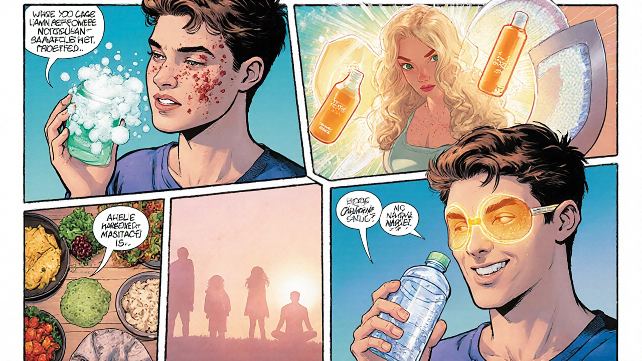 Teen hero follows a daily routine with cleanser, moisturizer, sunscreen, healthy food, and meditation.