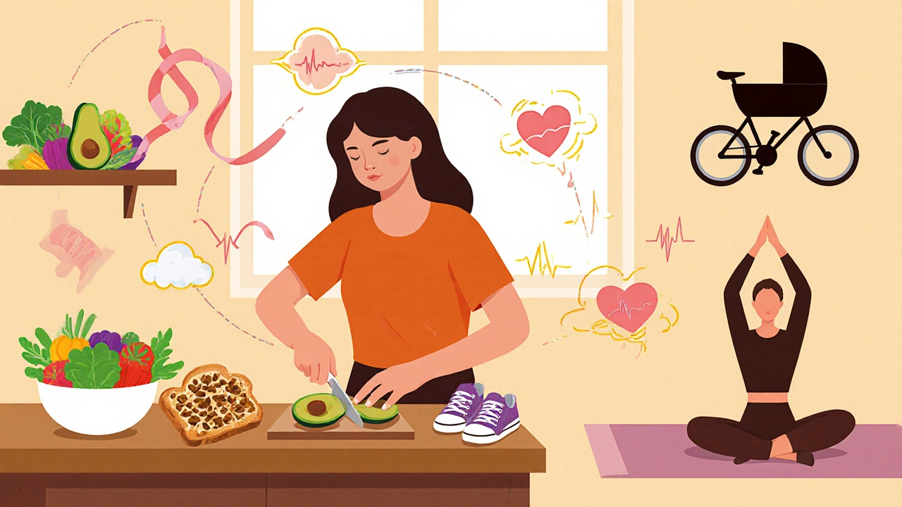 Woman cooking, exercising, and meditating, highlighting lifestyle changes for fertility.