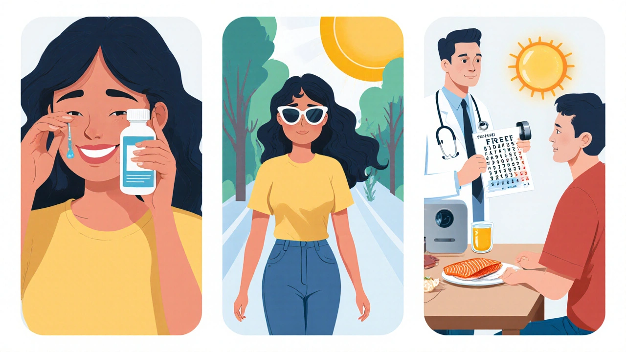 Woman using eye drops, wearing sunglasses, and eating omega‑3 rich foods for eye health.