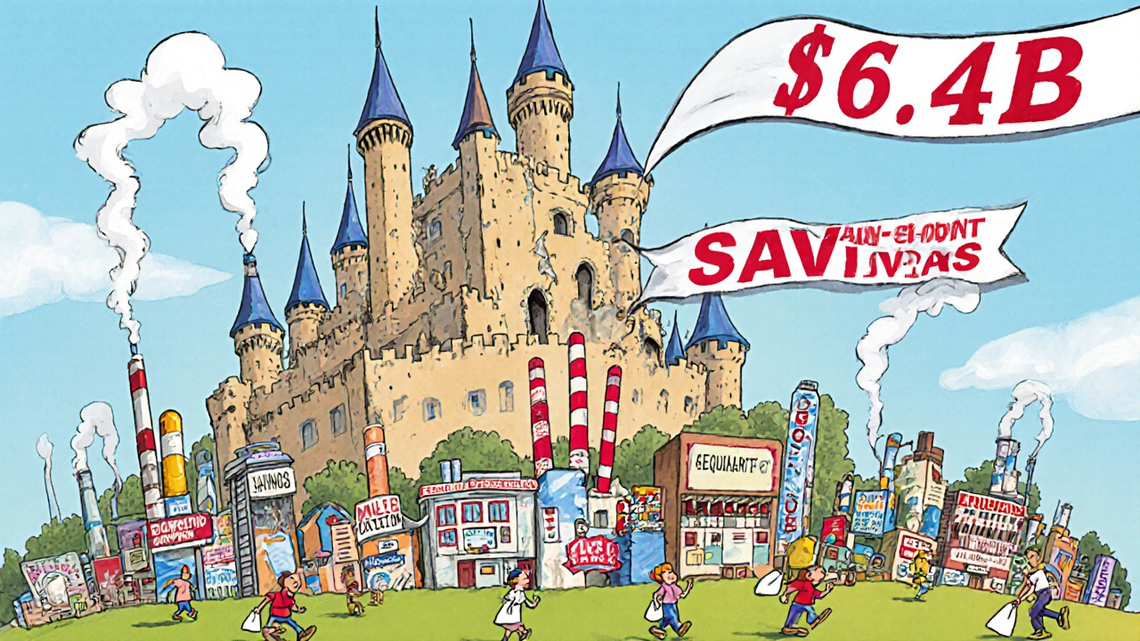 A crumbling brand-name drug monopoly castle overtaken by a thriving city of generic pill factories and savings.