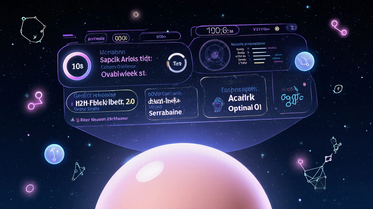 A digital health dashboard above a pregnant belly showing real-time trimester medication risks and genetic data.