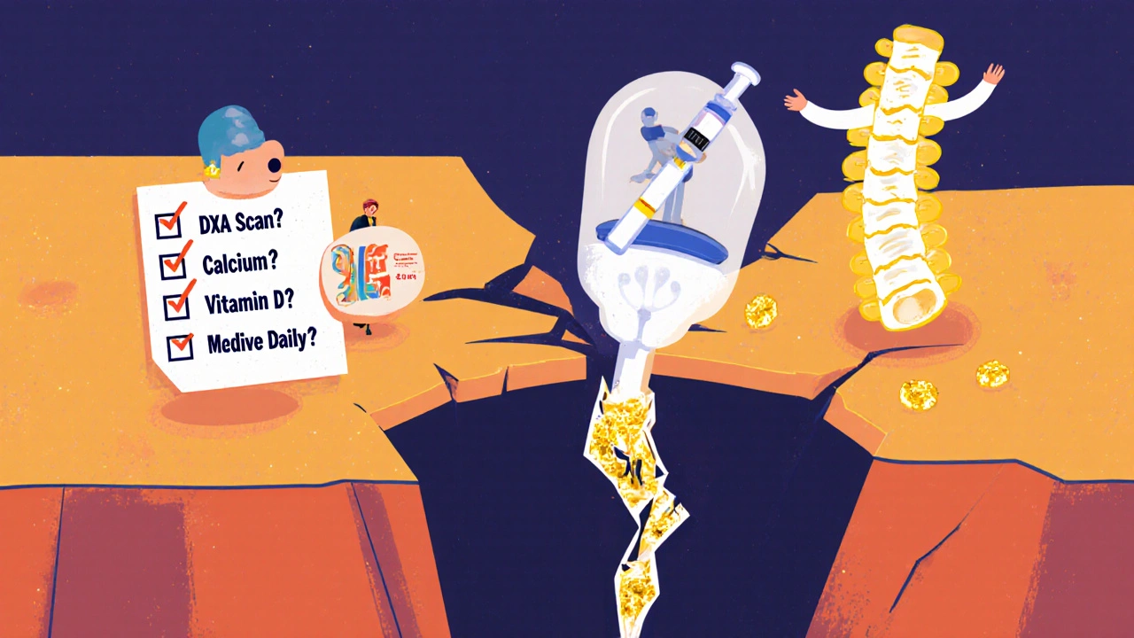 A fractured spine being repaired by a bone-growth injection, with a checklist of prevention steps glowing beside it.