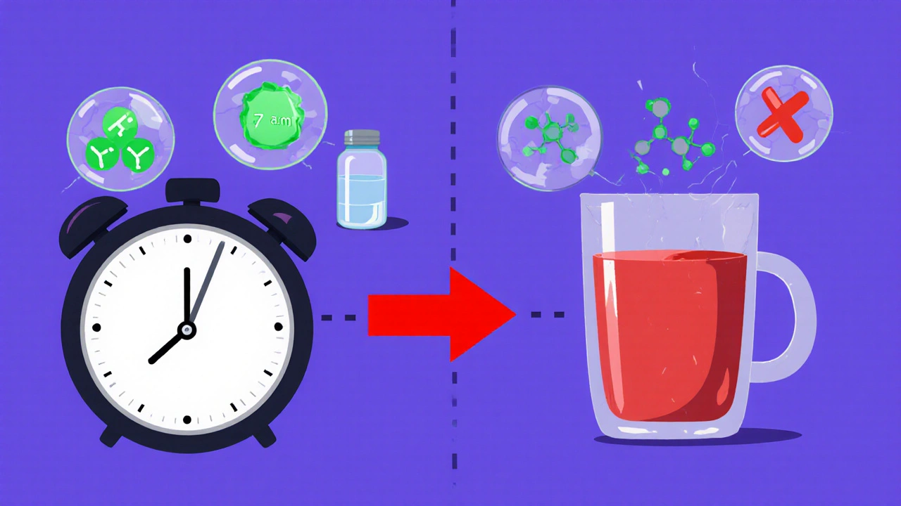 A morning timeline showing a 4-hour gap between taking thyroid medication and drinking calcium-fortified juice.