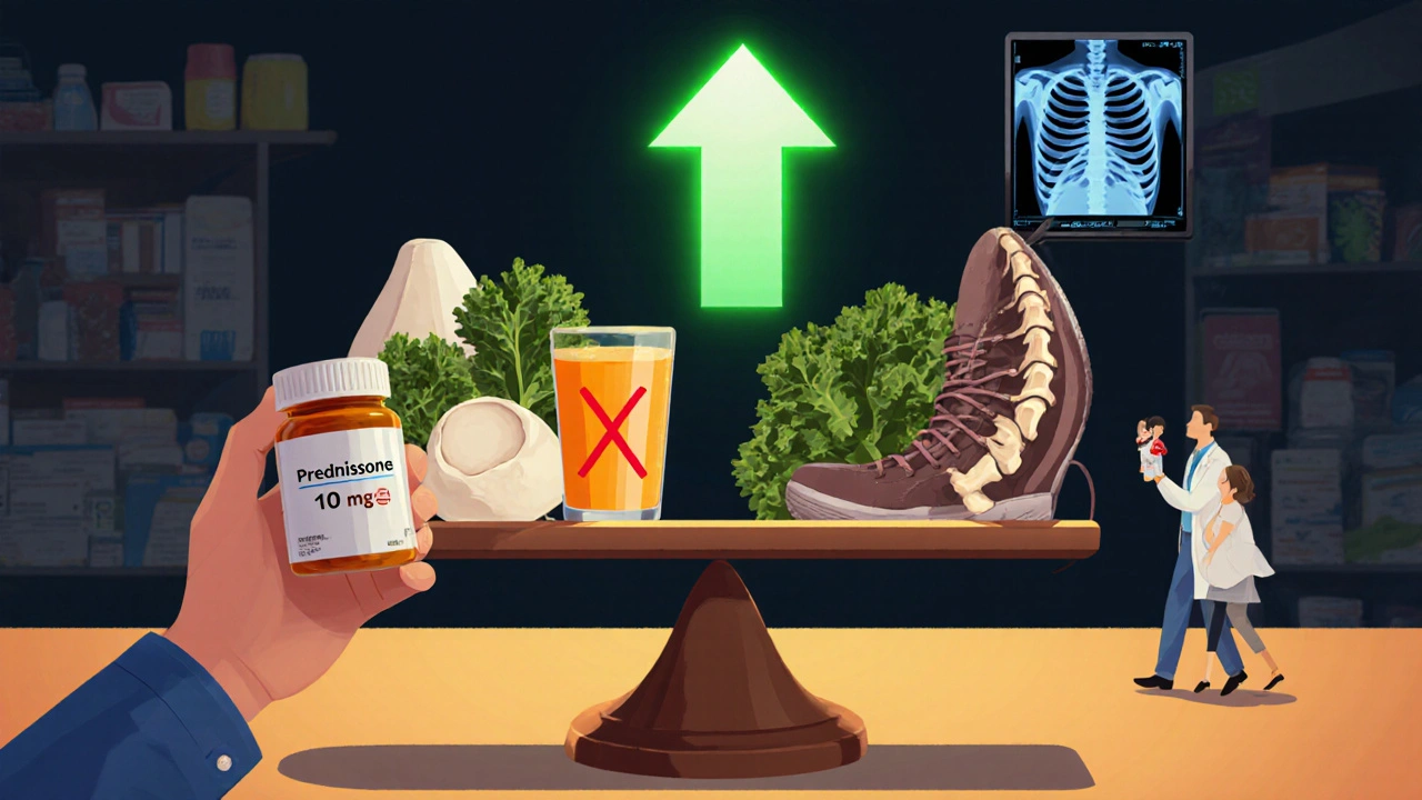 A patient balancing steroid pills against calcium-rich foods and walking shoes, with a doctor and DXA scan nearby.