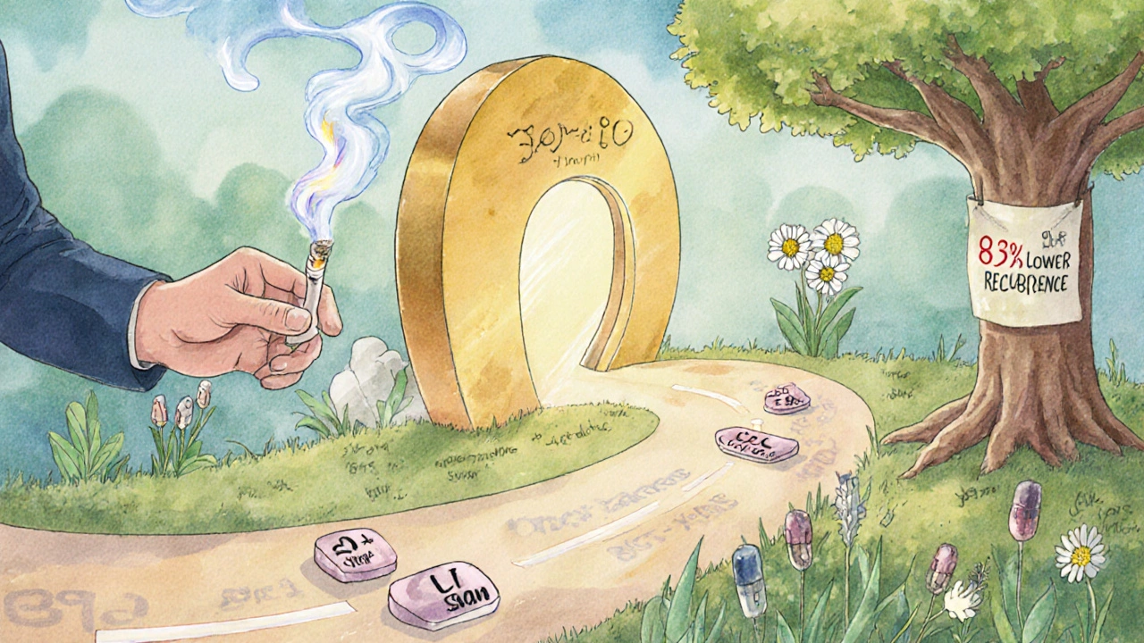 A symbolic path from smoking to early detection and targeted therapy, ending in a garden of healing pills and blooming health.