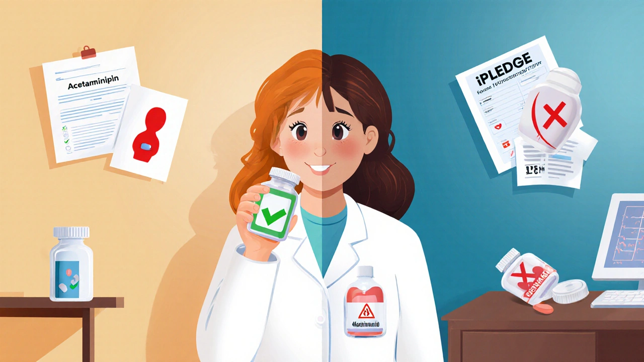 A woman choosing safe acetaminophen over dangerous isotretinoin, with medical warnings in the background.