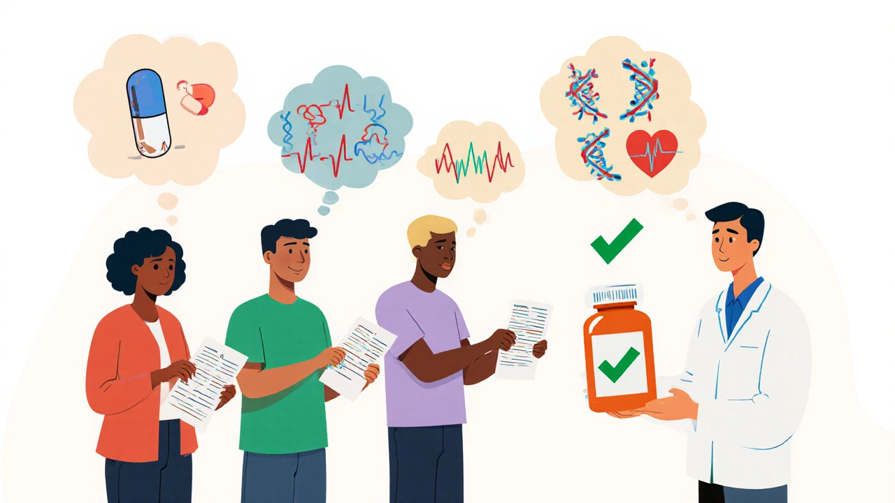 Diverse people with thought bubbles comparing perceptions of brand and generic drugs, guided by a pharmacist.