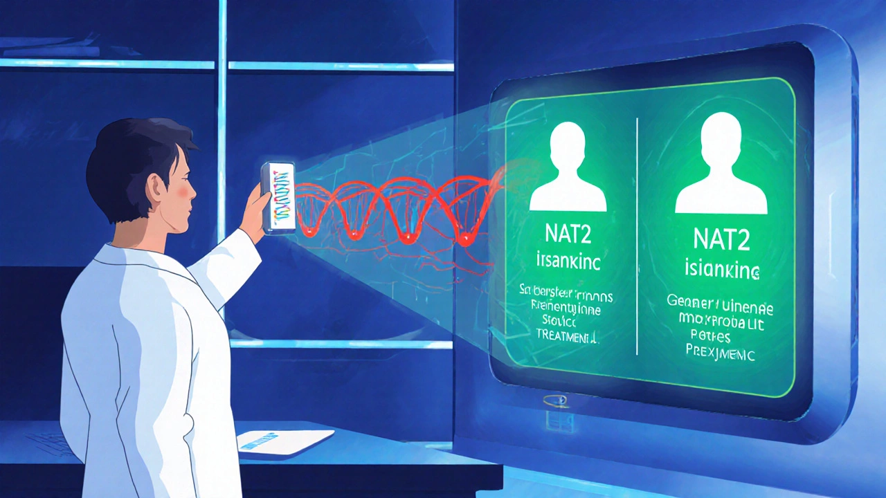 Doctor scanning DNA to choose safer TB treatment, showing genetic risk vs. alternative therapy.