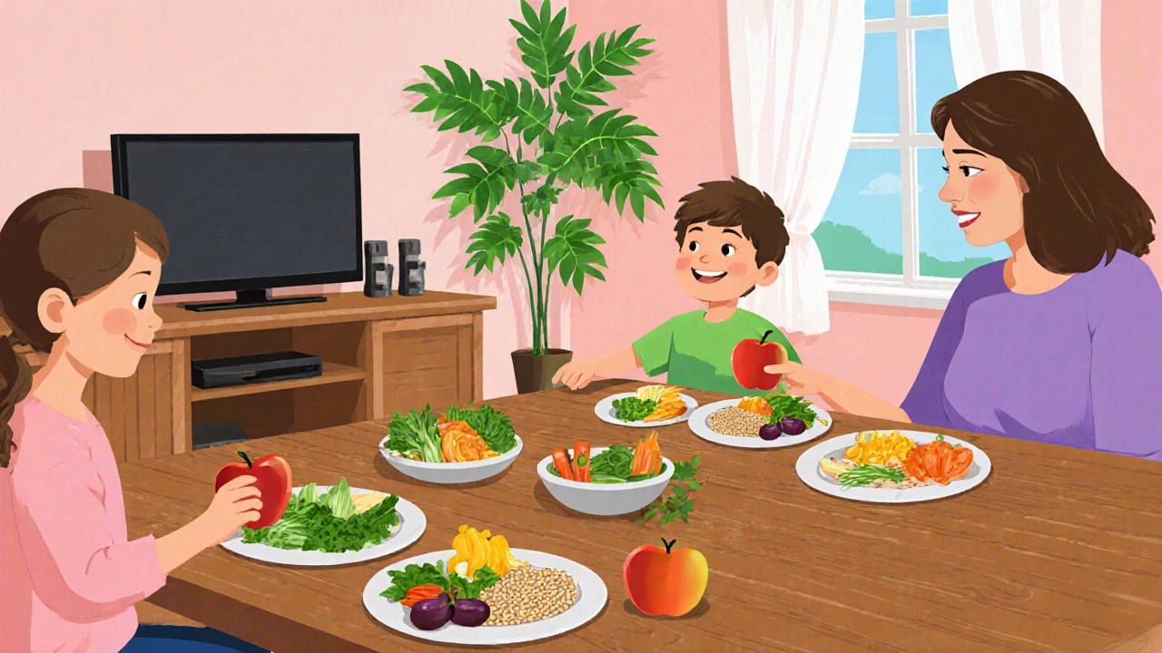 Family eating together at a table without screens, enjoying fresh food in a warm, inviting kitchen.
